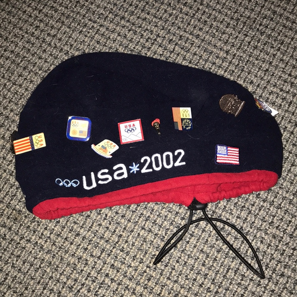 USA 2002 Navy and Red Fleece Beanie Hat with 10 Olympic Pins